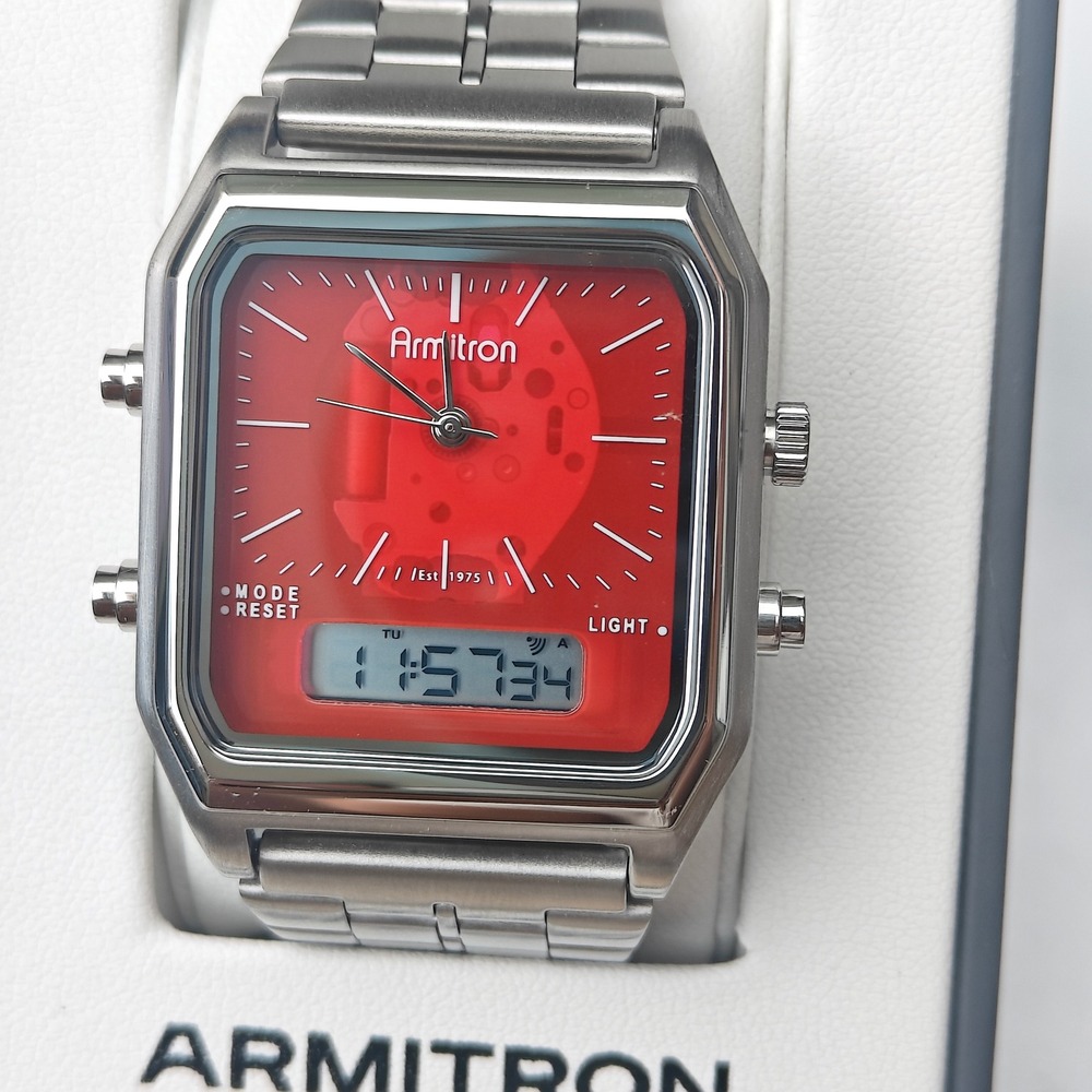 Armitron Silver Red Analog Digital Mens Retro Wrist Watch Square Stainless Steel